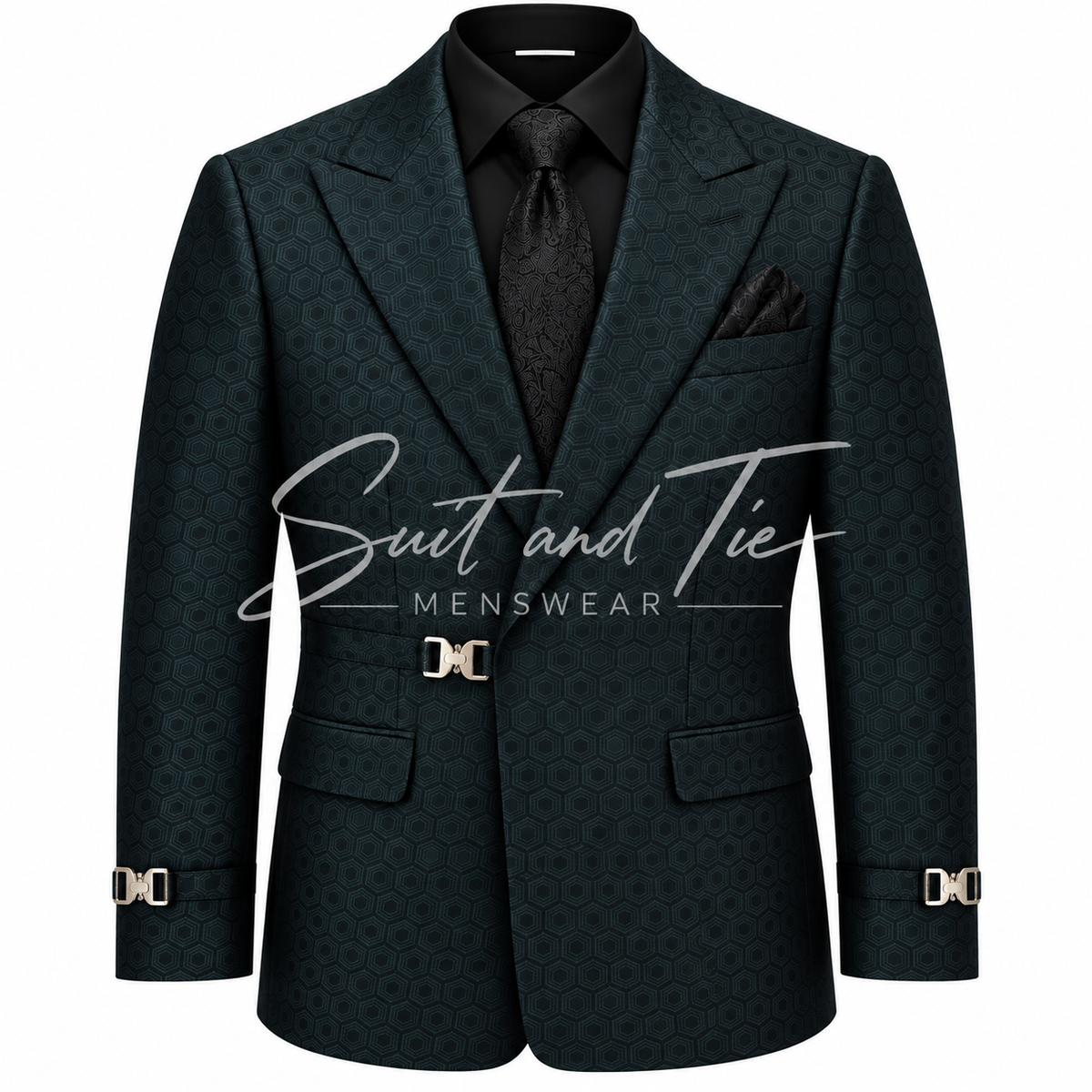 A dark teal patterned suit jacket styled with a black dress shirt, black tie, and black pocket square, featuring gold-tone buckle details on the cuffs and waist, presented on a white background with a 'Suit and Tie Menswear' watermark.