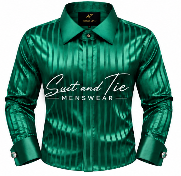 A metallic emerald green long-sleeve button-down shirt with vertical pinstripes, featuring a white 'Suit and Tie MENSWEAR' logo printed across the chest. The brand label inside the collar reads 'ROSHI MAN'.