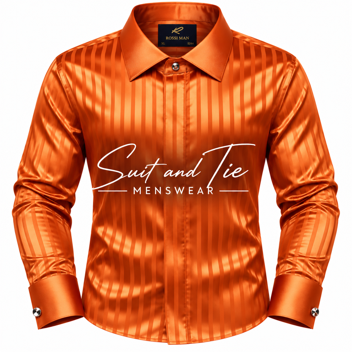 An orange long-sleeve dress shirt with vertical pinstripes and a satin-like sheen, featuring a white 'Suit and Tie MENSWEAR' logo printed on the chest. The brand label inside the collar reads 'BOYMANN'.