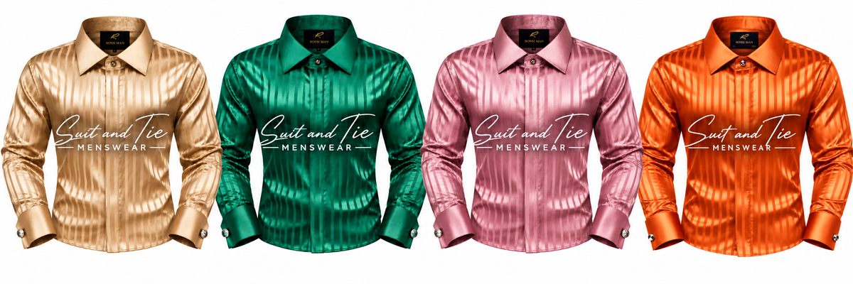 Four long-sleeve collared button-up shirts with a metallic, textured vertical stripe pattern, shown side-by-side in gold, green, pink, and orange. Each shirt features a white script logo reading 'Gaut and Tee HENSWEAR' across the chest.