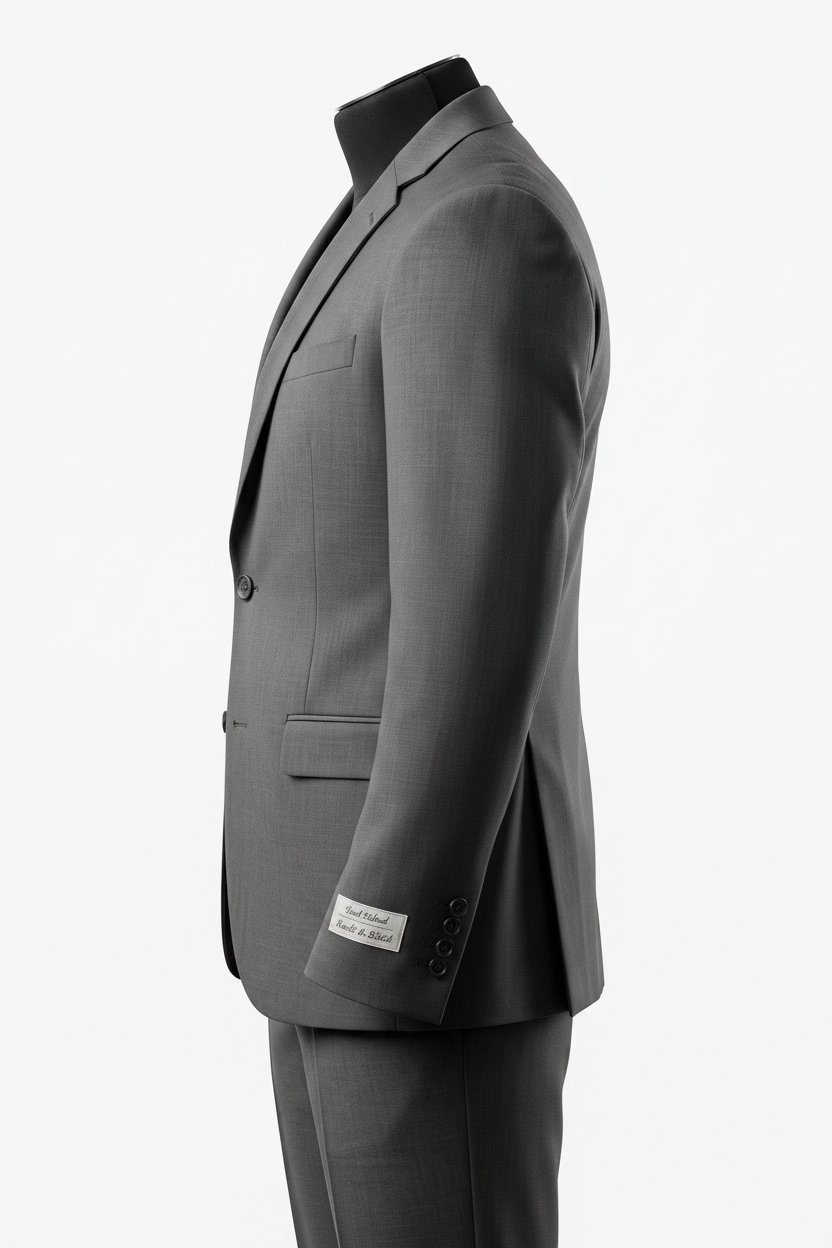 A dark gray two-piece suit displayed on a black mannequin torso, shown from a side profile view against a clean white background.