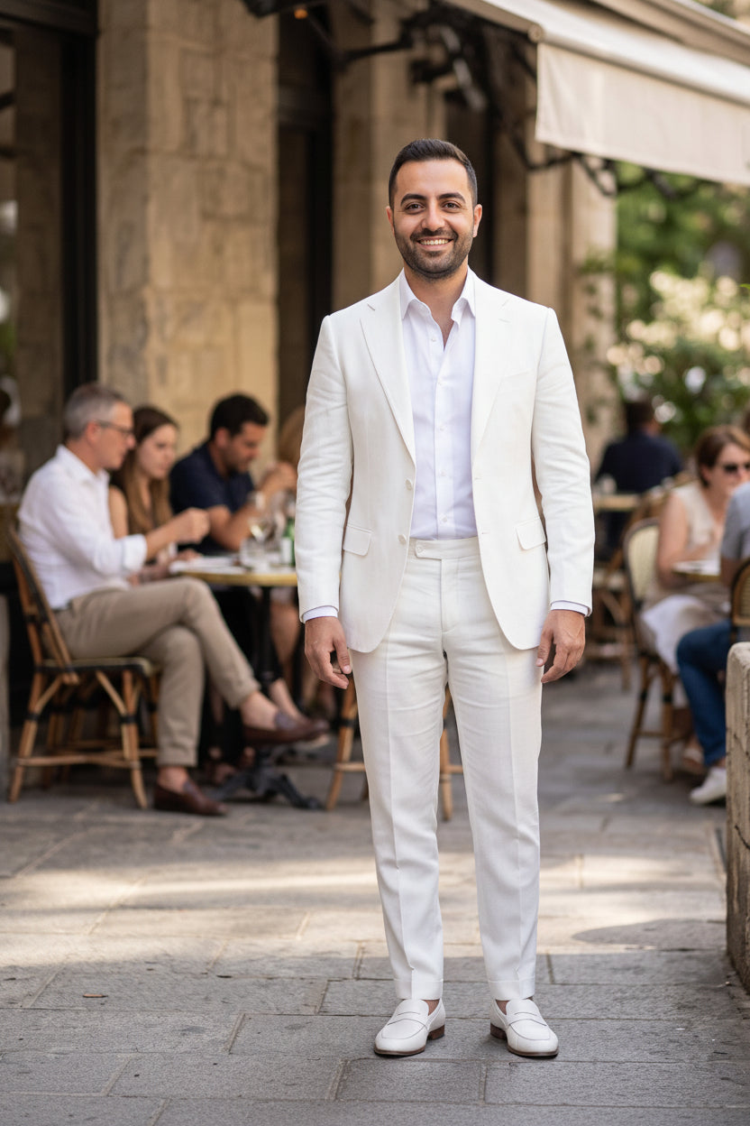 A man wearing a white linen suit, white dress shirt, and white loafers stands on a stone sidewalk in front of a cafe with blurred people in the background.