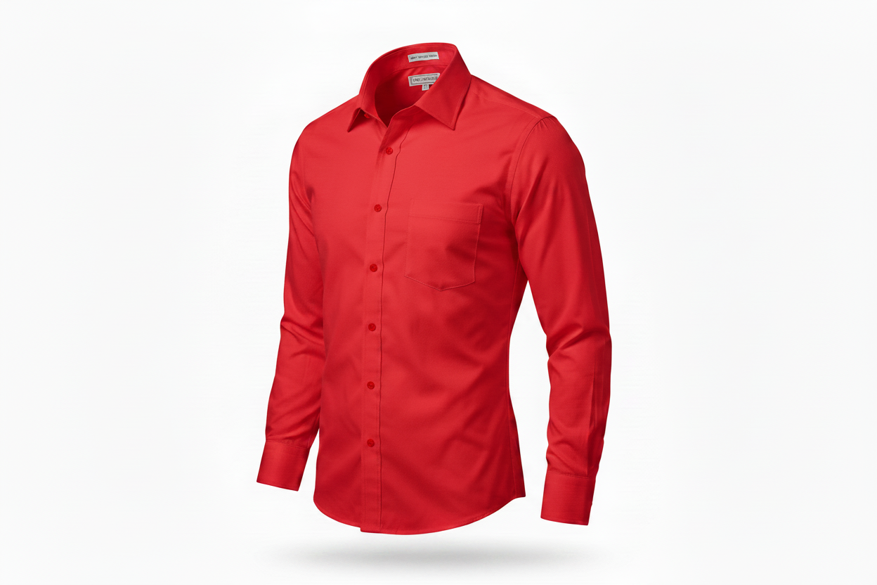 A bright red long-sleeve button-down dress shirt with a pointed collar and a single chest pocket, shown floating against a plain white background.