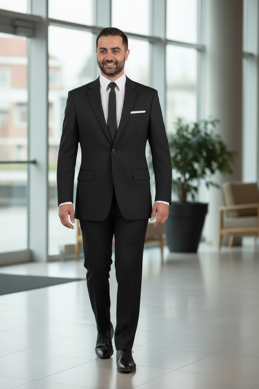 Man in a black suit walking in an office setting