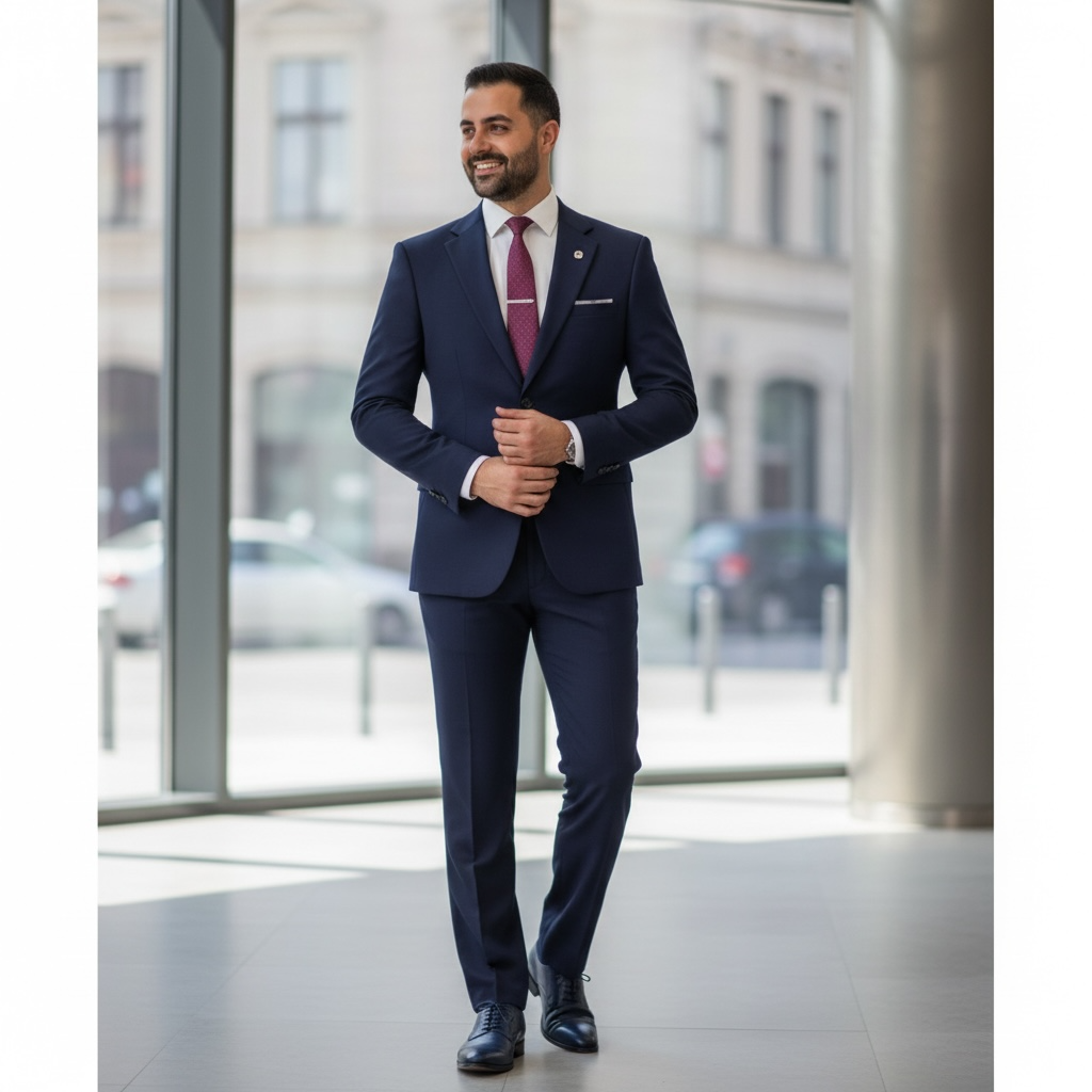 Man in a navy suit with a red tie standing in a modern indoor setting.
