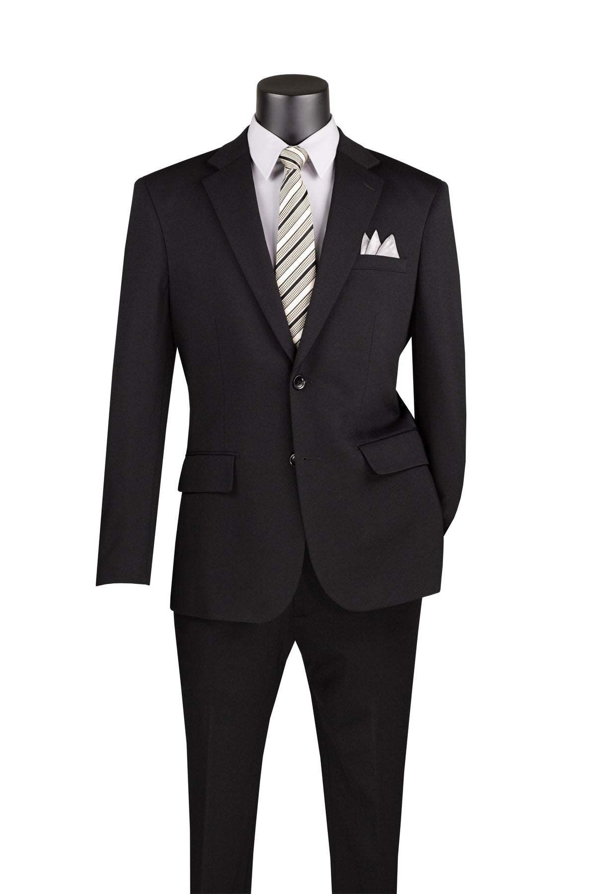 Black suit with a striped tie on a mannequin against a white background