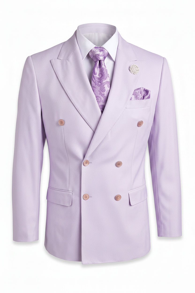A light lavender double-breasted suit jacket displayed on a headless mannequin torso, styled with a matching patterned purple tie, white dress shirt, and a matching purple pocket square.