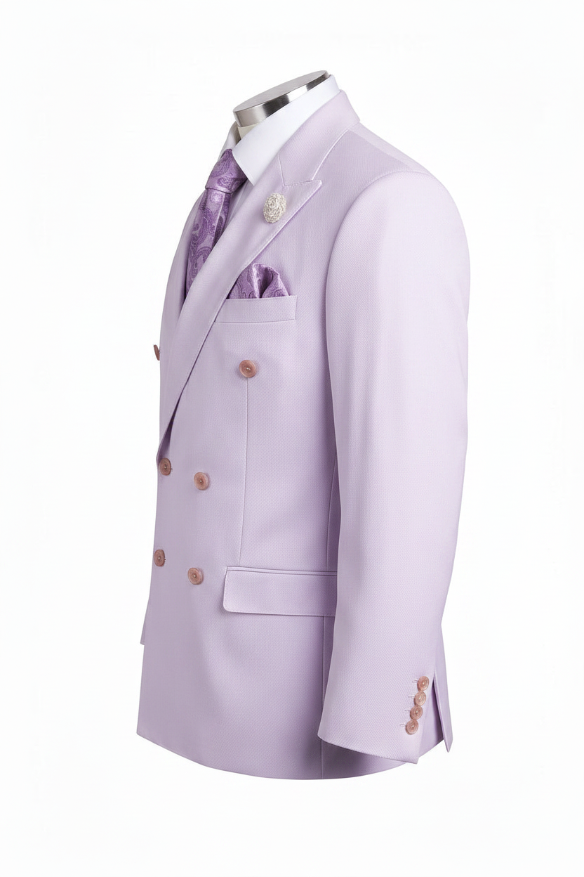 A light lavender double-breasted suit jacket displayed on a mannequin torso, styled with a matching purple patterned tie, white dress shirt, and a purple pocket square against a plain white background.