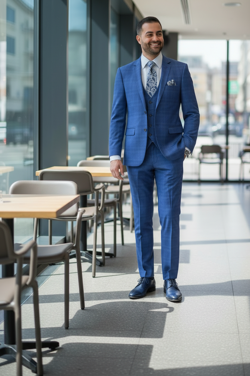 Man in a blue suit standing in a modern cafe.