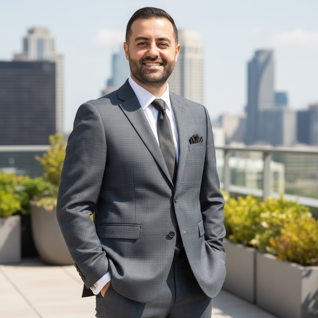 Man in a gray suit standing on a rooftop with a cityscape background
