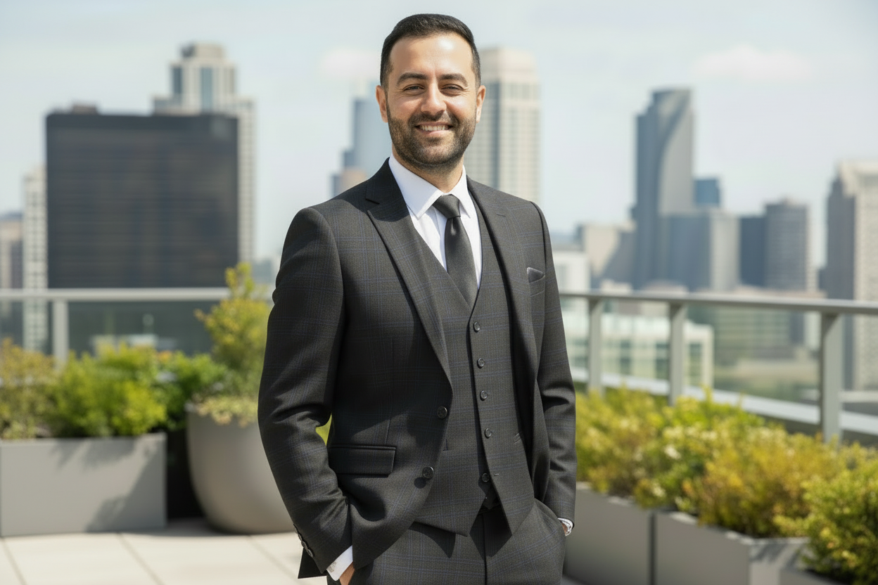 Man in a black suit standing on a rooftop with a cityscape background