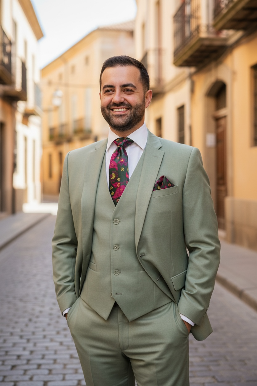 Man in a light green suit with a patterned tie standing on a street.