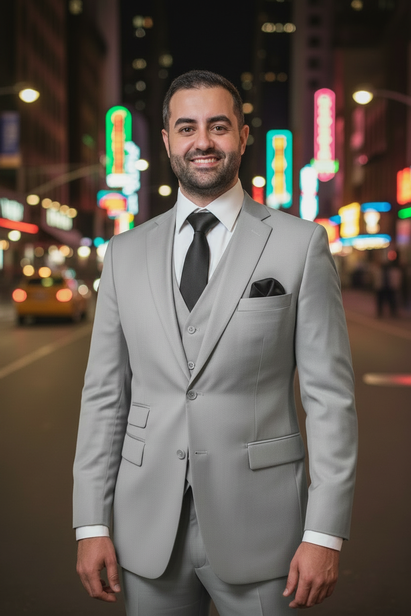 A man wearing a light gray three-piece suit with a solid tie and pocket square, standing on a city street at night with blurred neon lights in the background.