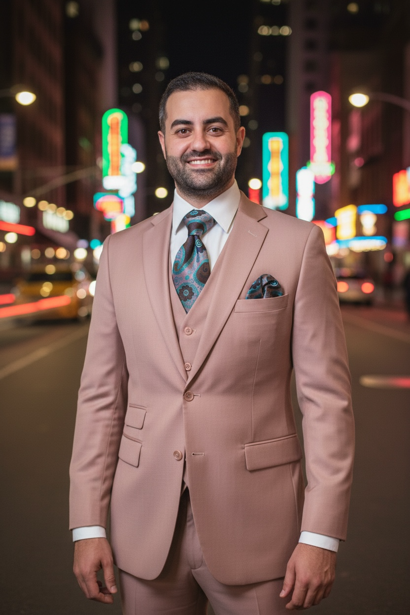 Man in a pink suit standing in a city street with neon lights in the background