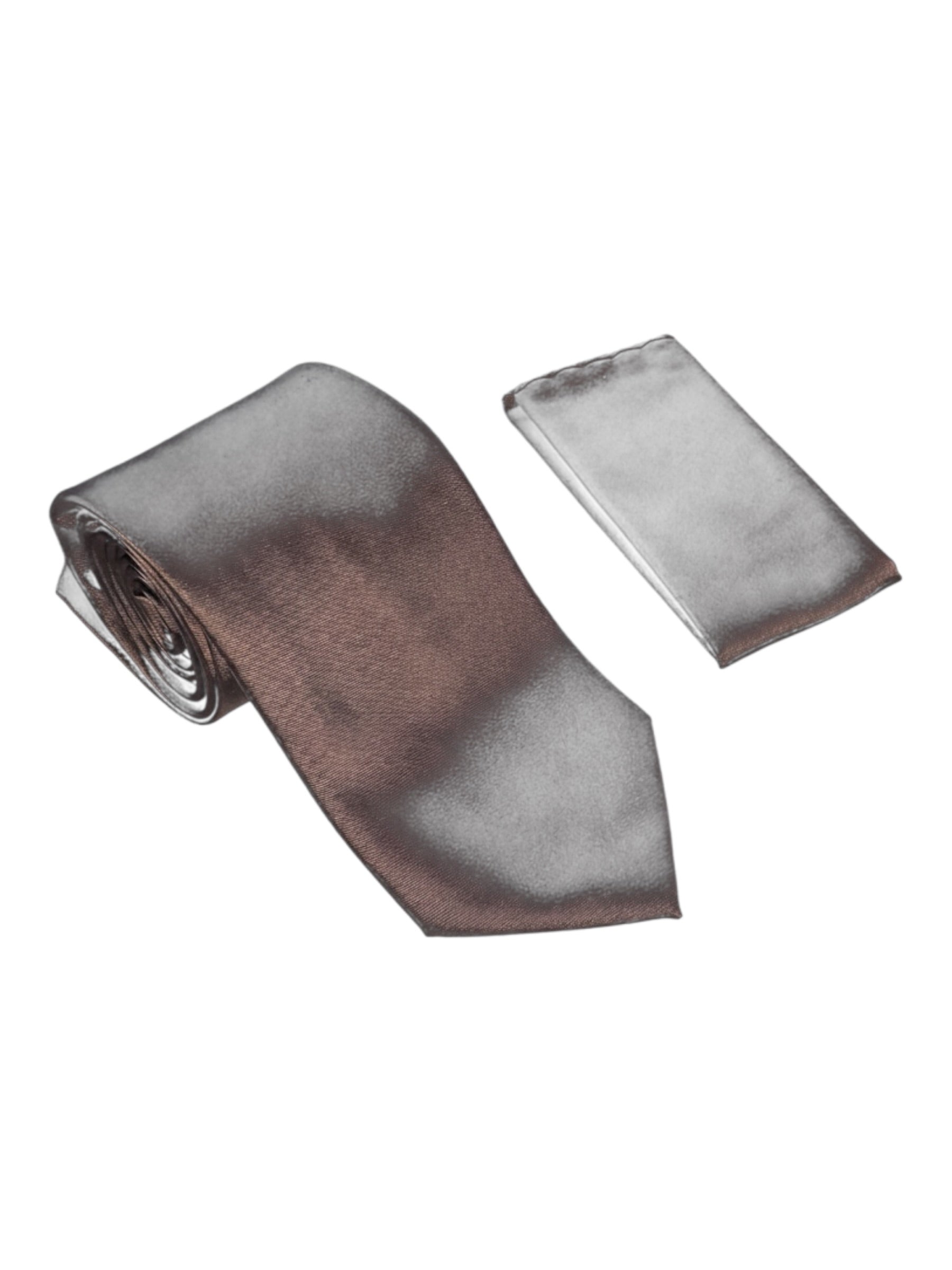 A charcoal satin necktie and matching pocket square set, displayed on a clean white background.