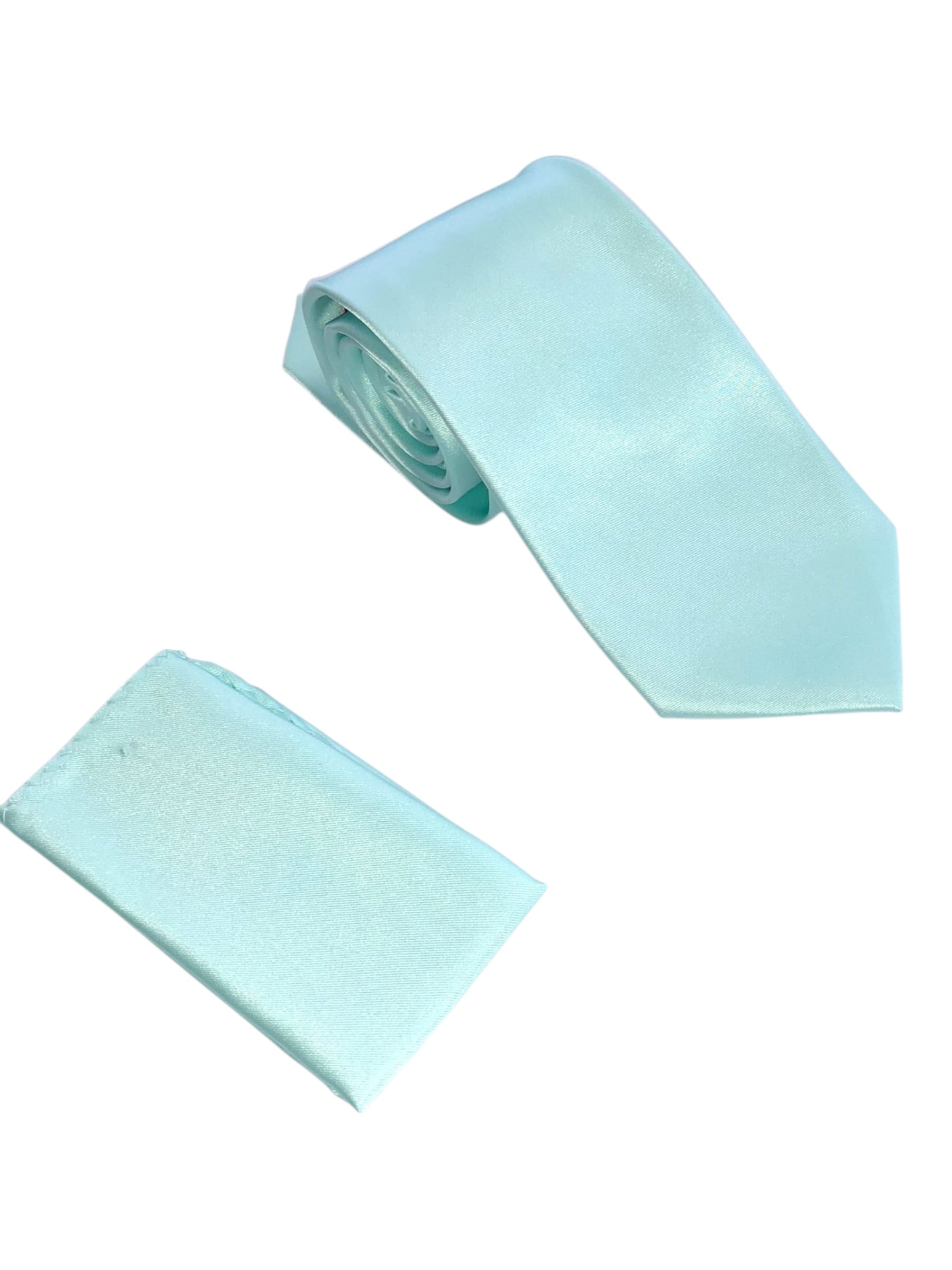 A light mint green satin necktie and matching pocket square set, displayed on a clean white background.