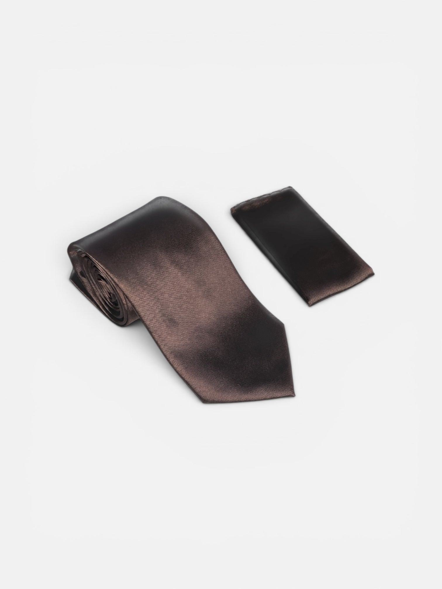 A dark brown satin necktie and matching pocket square set, neatly arranged on a clean white background.