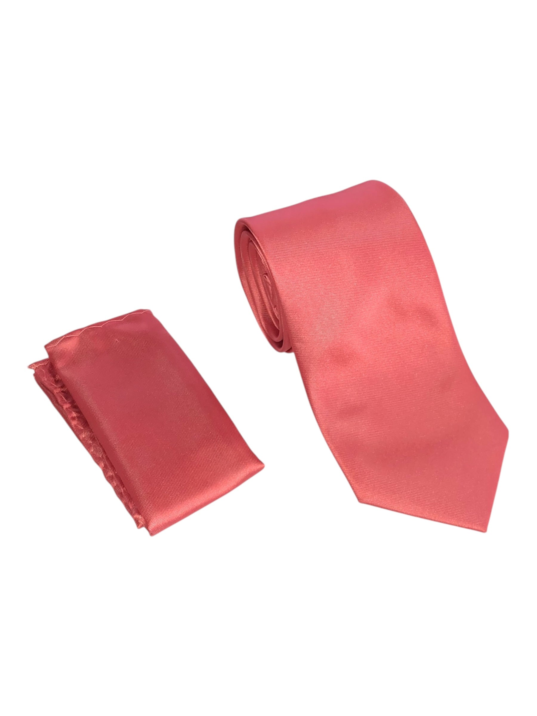 A matching men's necktie and pocket square set in a satin-like fabric, both in a solid coral pink color, displayed on a clean white background.