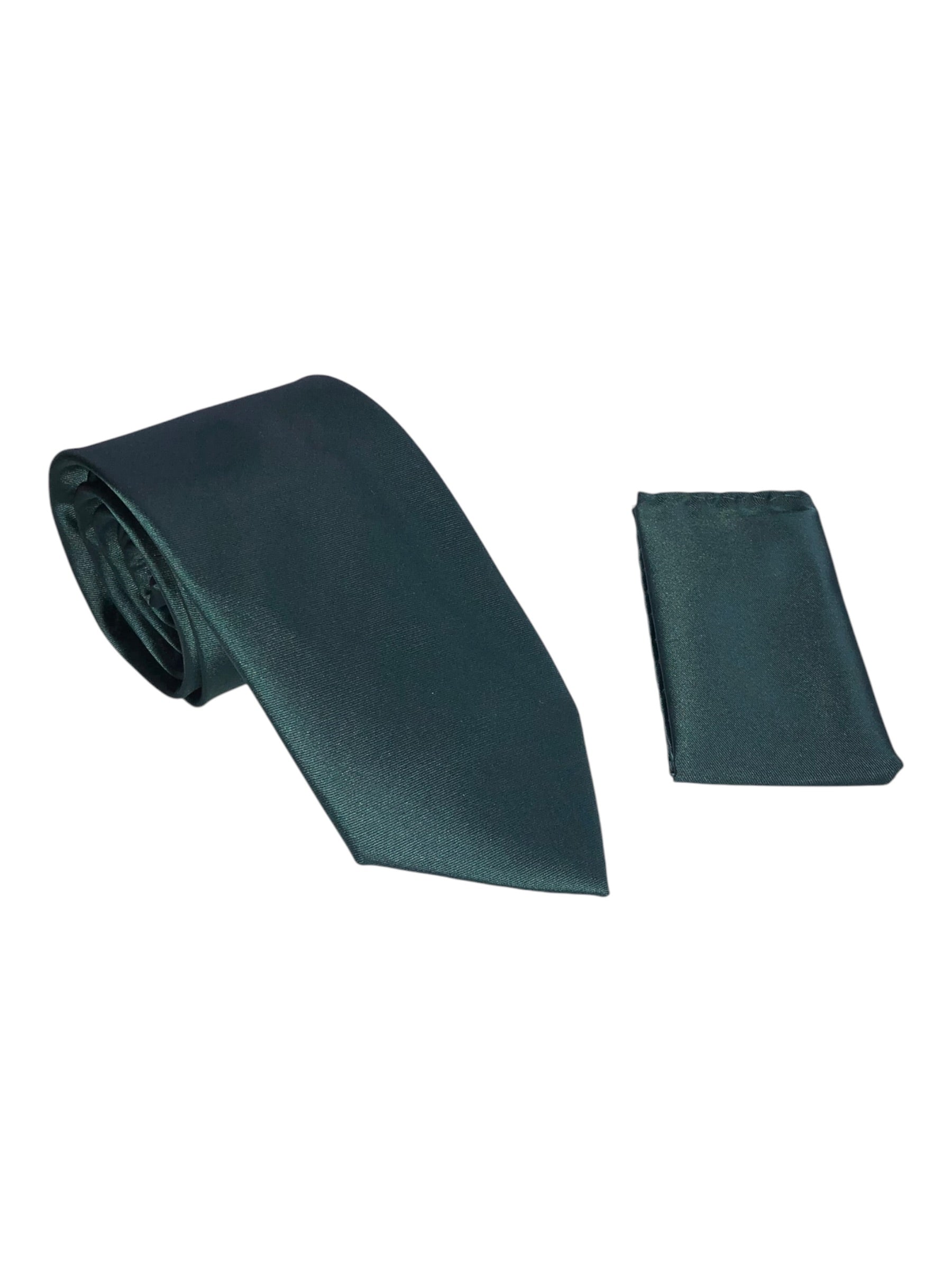 A dark green necktie and matching pocket square set, displayed on a clean white background