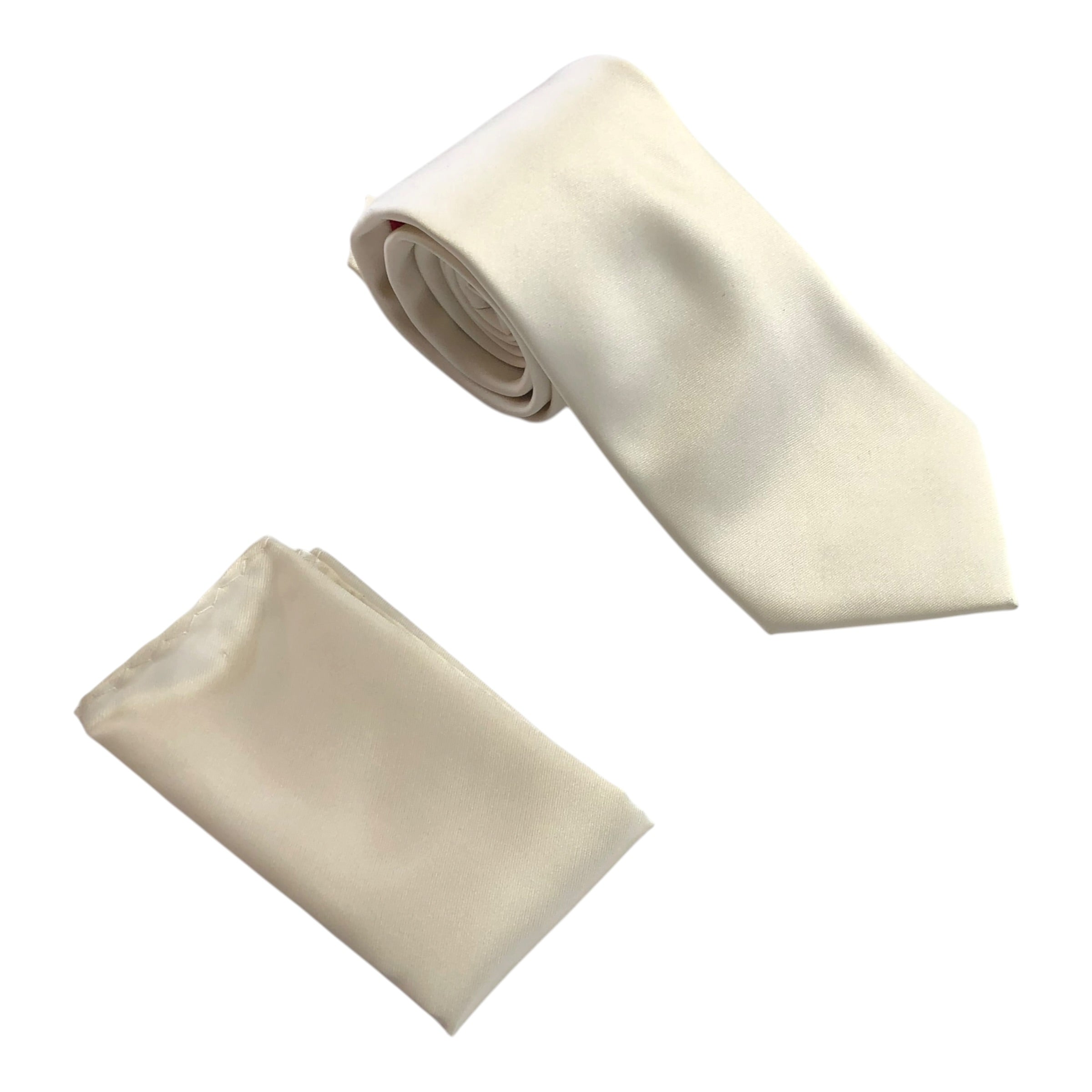 An ivory satin necktie and matching pocket square set, shown on a plain white background.