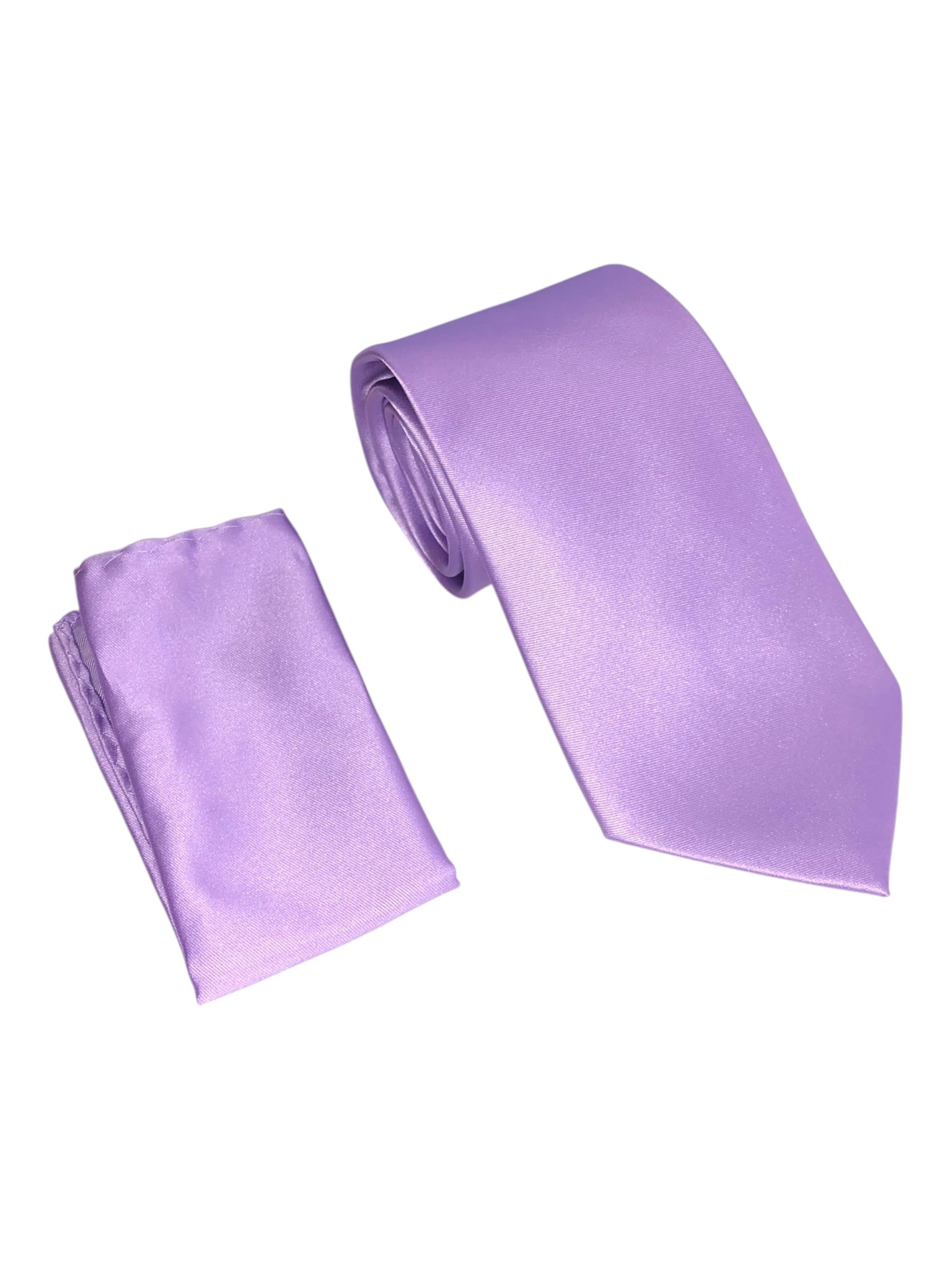 A lilac satin necktie and matching pocket square set, displayed on a clean white background.