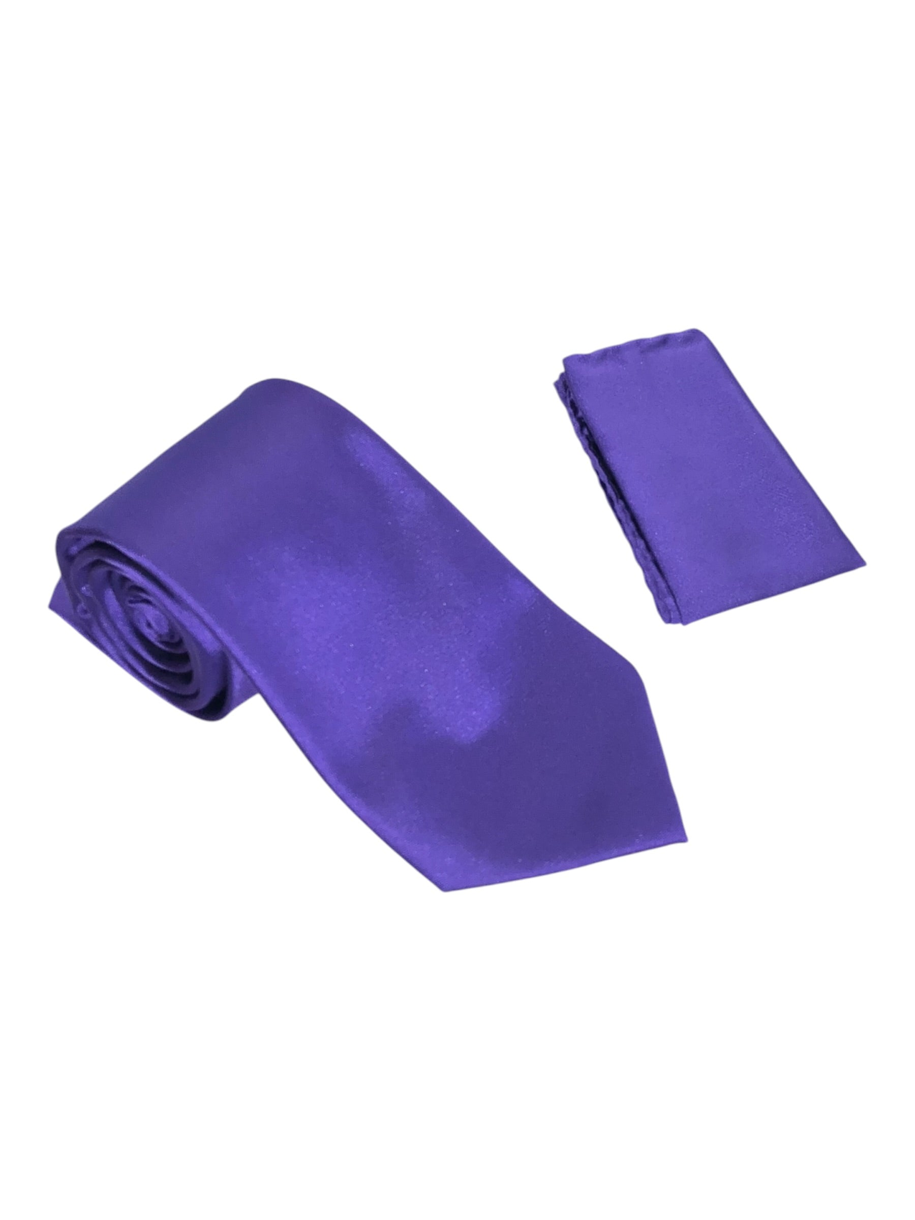 A purple satin necktie and matching pocket square set, displayed on a clean white background.