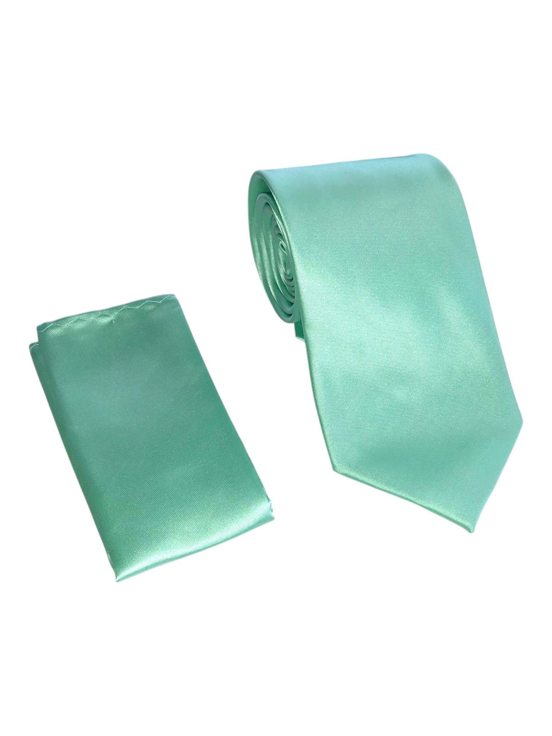 A mint green satin necktie and matching pocket square set, displayed on a clean white background.