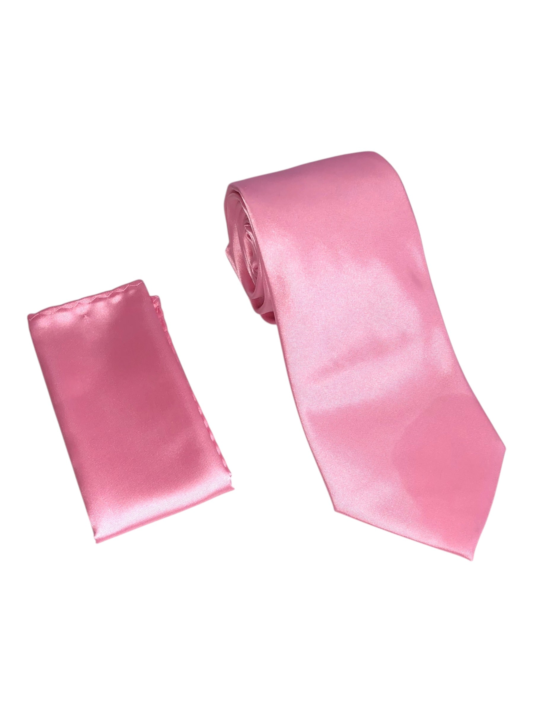 A pink satin necktie and matching pocket square set, displayed on a clean white background.