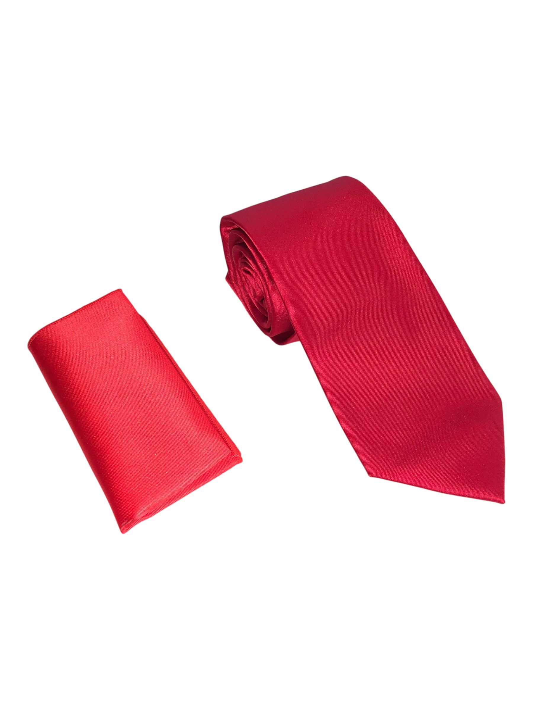 A red necktie and matching red pocket square set, displayed on a clean white background.