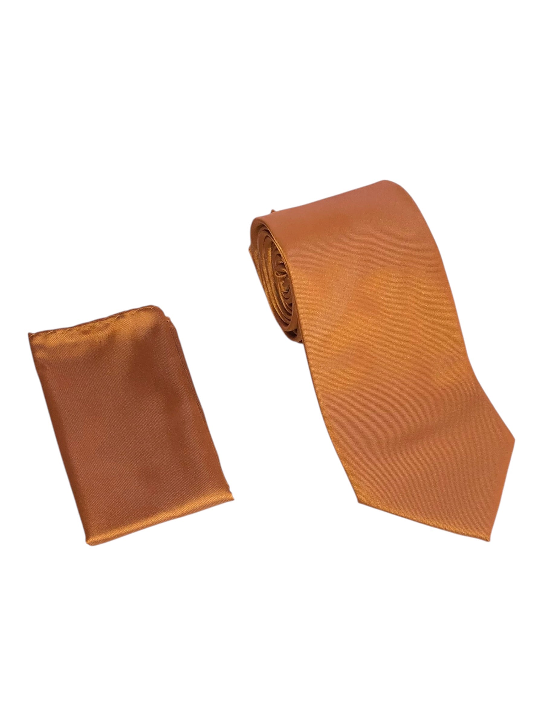A matching men's accessory set featuring a rolled tan satin necktie and a folded matching pocket square on a plain white background.