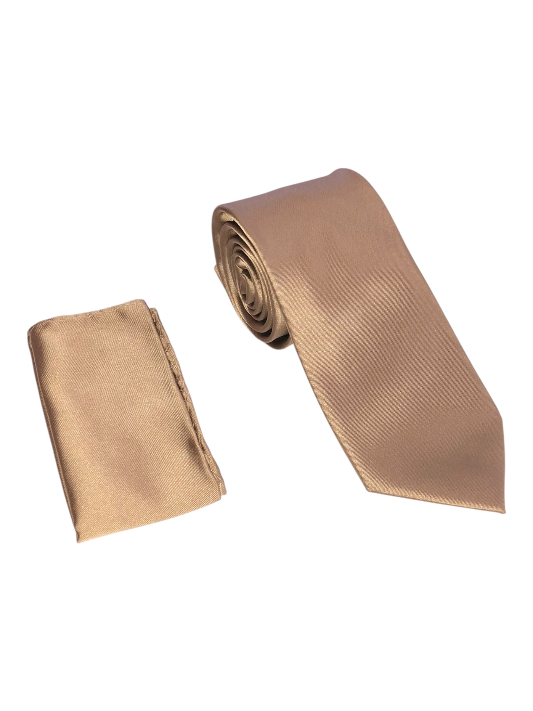 A Taupe silk necktie and matching pocket square set, displayed on a clean white background.
