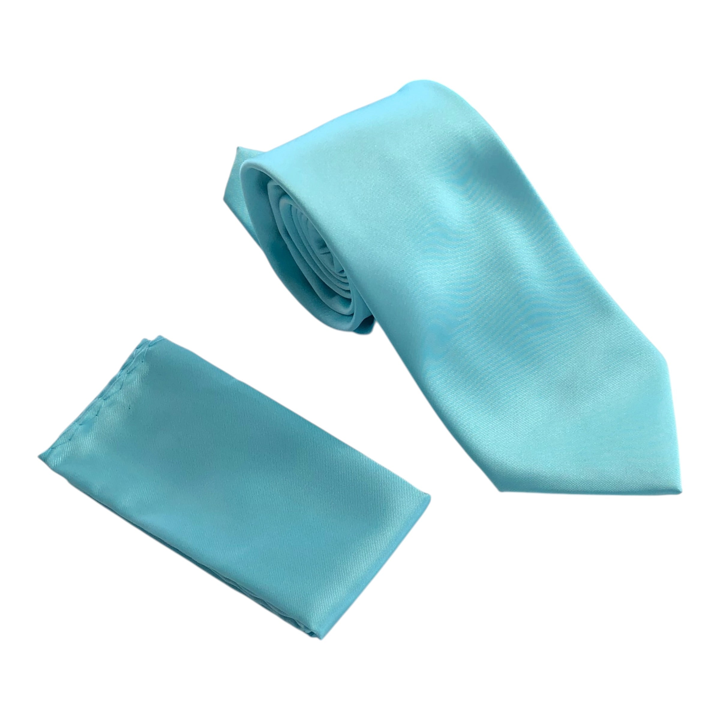 A light blue tie and matching pocket square set on a plain white background.