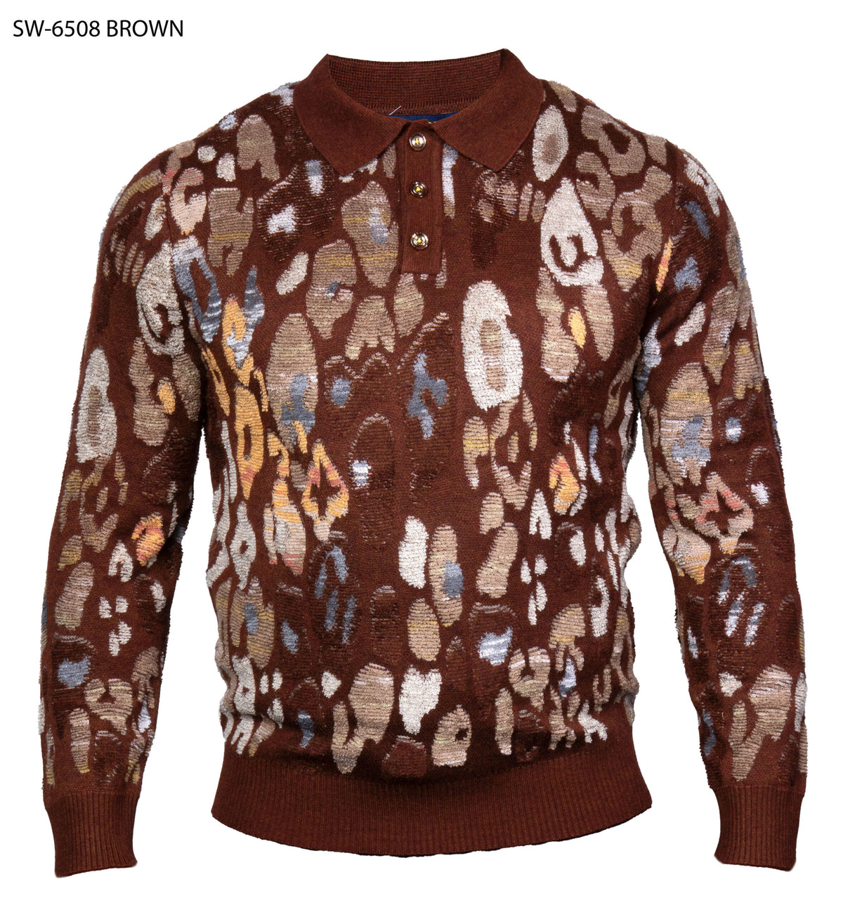 A brown knit polo sweater featuring an abstract leopard-like spot pattern in beige, white, and muted blue, with solid brown ribbed collar, cuffs, and hem.
