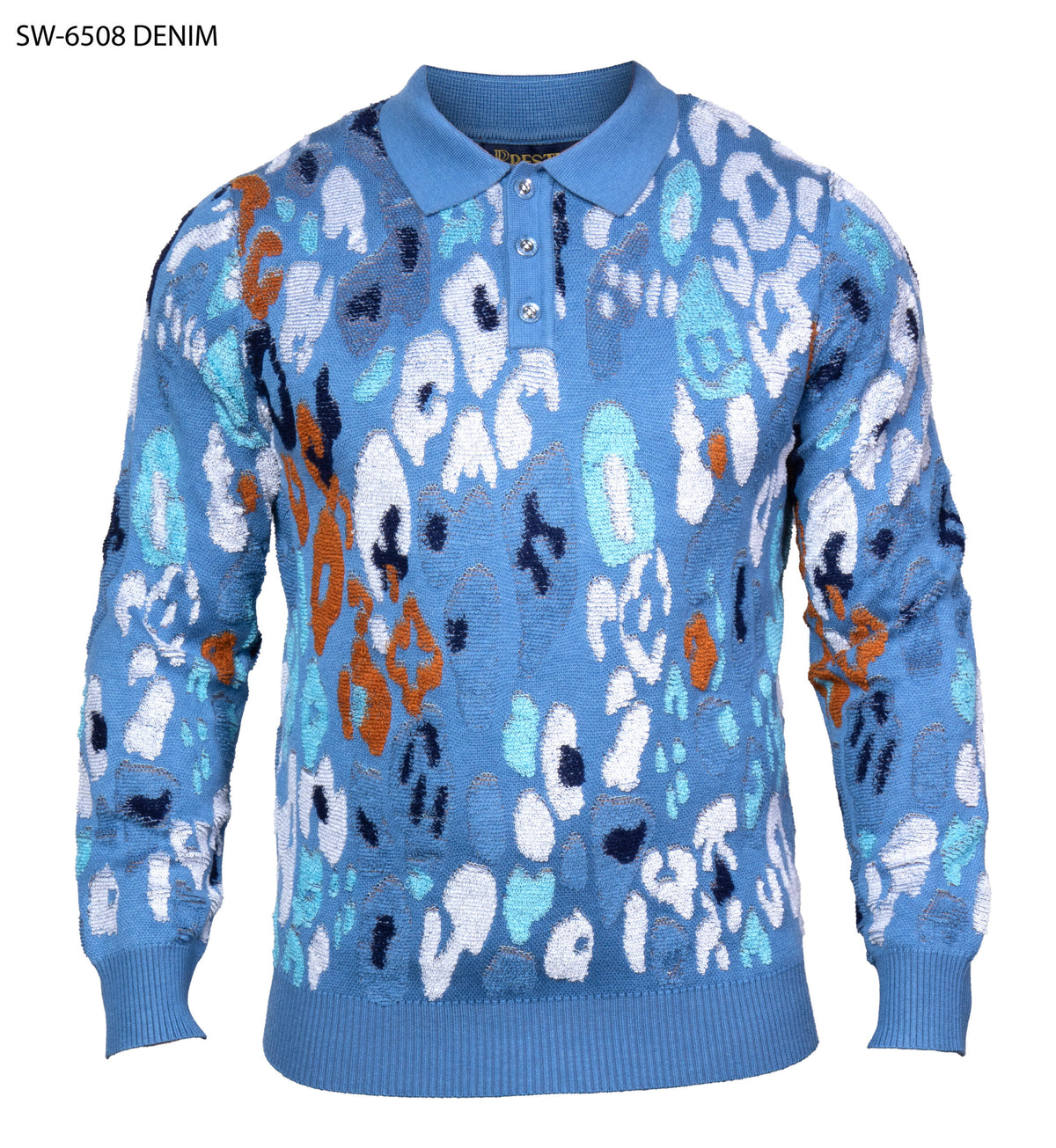 A blue long-sleeve knit polo sweater with an abstract animal-like pattern in white, light blue, orange, and black, shown on a plain white background.