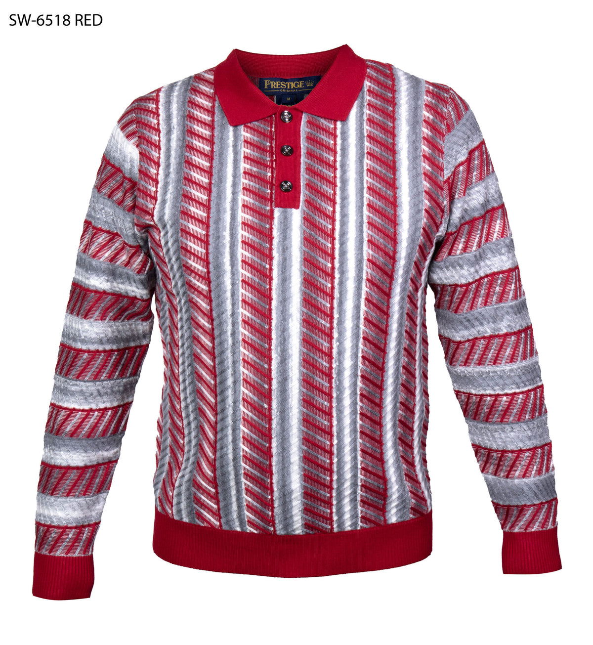 A red and white striped knit sweater with a polo collar and three-button placket, shown on a plain white background.