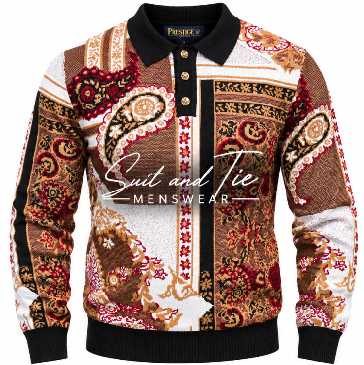 A men's long-sleeve patterned knit polo sweater from Prestige, featuring a brown, beige, red, and black paisley and floral design with a black collar, gold buttons, and a black ribbed hem and cuffs. A white 'SUIT AND TIE MENSWEAR' watermark is overlaid across the center.