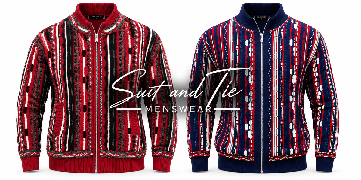 Two men's zip-front knit jackets shown side by side on a white background, each with vertical striped and geometric patterns. The left jacket is red, black, and white, and the right jacket is navy, red, and white.