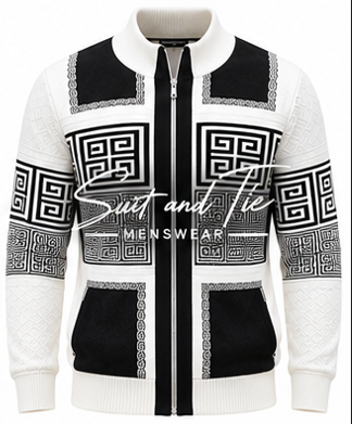 A men's zip-up jacket with a bold black and white geometric pattern, featuring a ribbed collar, cuffs, and hem, and a central zipper. A semi-transparent watermark reading 'Suit and Tie MEN'SWEAR' is overlaid across the center.