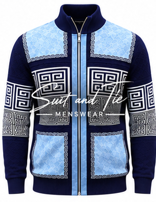A men's zip-up jacket with a navy blue base and light blue panels, decorated with white Greek key geometric patterns. The jacket features a high collar, front zipper, and a central vertical stripe.