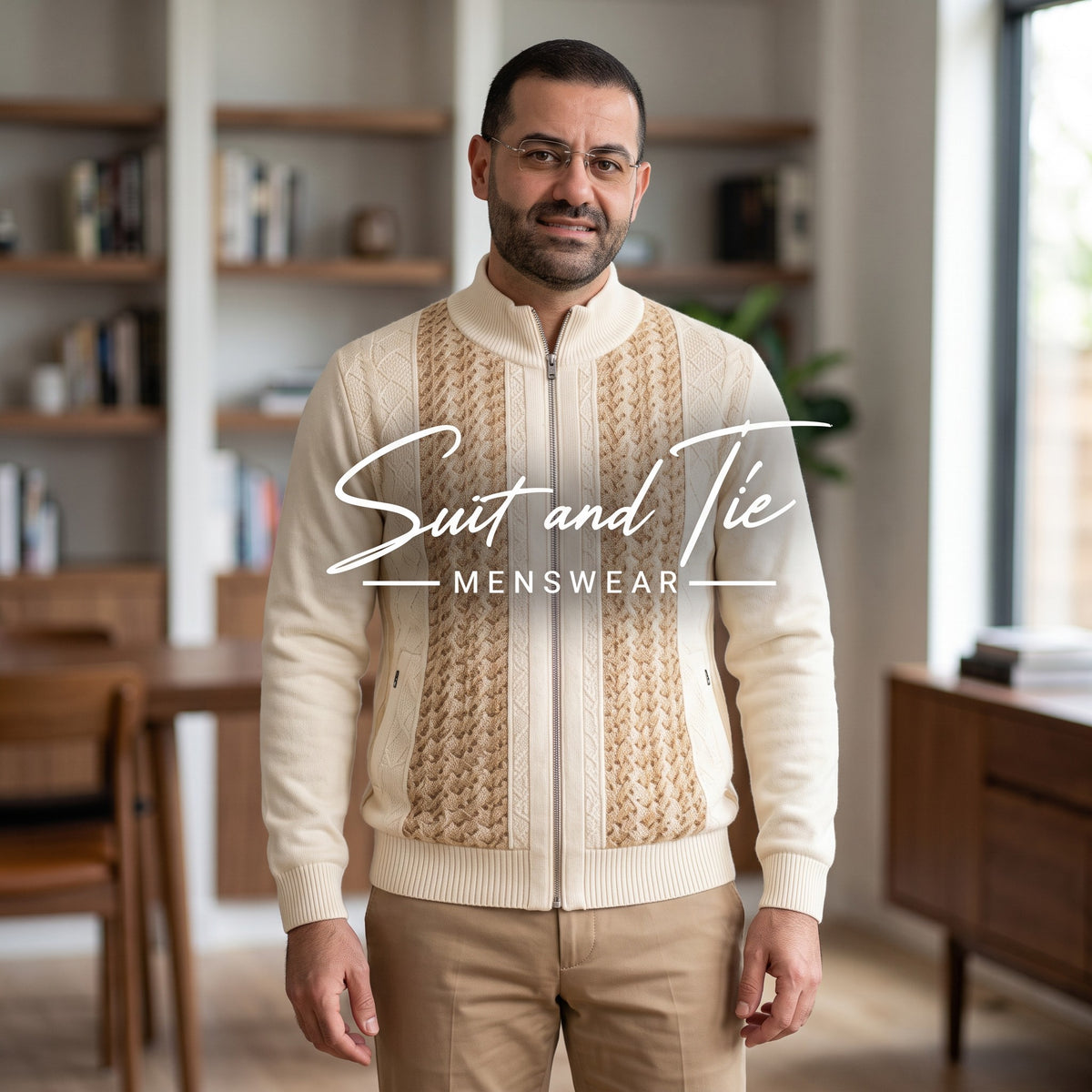 A man wearing a cream and beige zip-up knit sweater with textured cable-knit panels on the front, paired with beige trousers, standing in a modern indoor room with bookshelves. A white 'Suit and Tie MENSWEAR' logo is overlaid across the center.