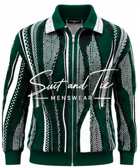 A men's zip-up jacket featuring a bold green, white, and black geometric pattern with vertical stripes and textured leaf-like motifs. The jacket has a green collar, white trim, and a green ribbed hem and cuffs.