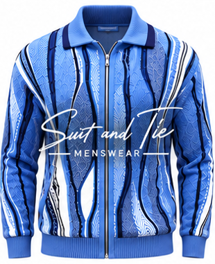 A men's zip-up jacket with a blue, white, and navy abstract wavy pattern, featuring a ribbed collar, cuffs, and hem. A white text overlay reading 'Suit and Tie MENSWEAR' is printed across the center.