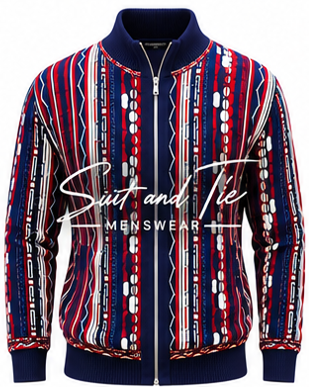 A men's zip-up jacket with a navy blue ribbed collar, cuffs, and hem, featuring a vibrant vertical stripe pattern in red, white, and blue on the body and sleeves. A white 'Suit and Tie Menswear' logo is overlaid across the center.