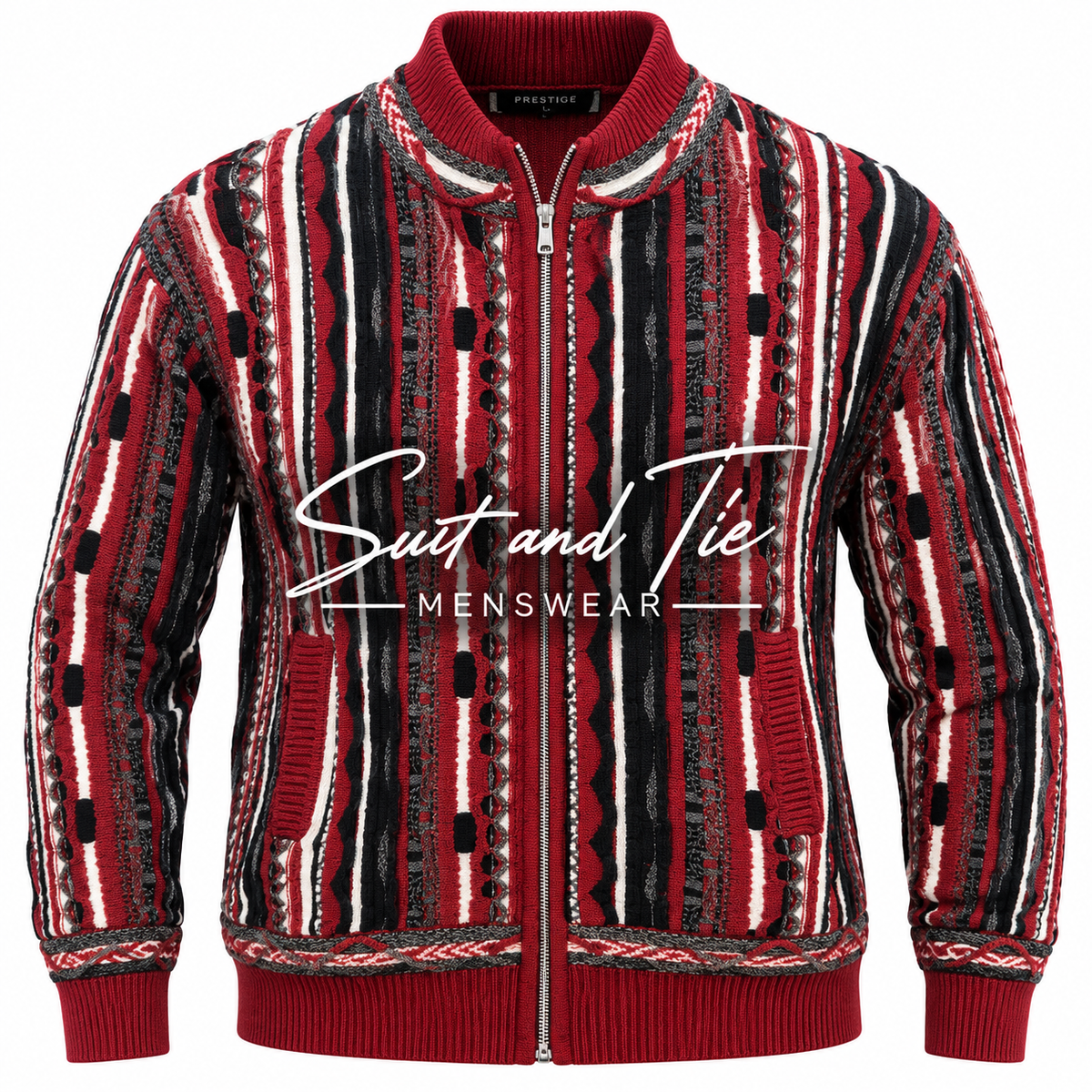 A red, black, and white patterned zip-up knit jacket with a ribbed collar, cuffs, and hem, featuring a central white 'Suit and Tie MENSWEAR' logo overlay.