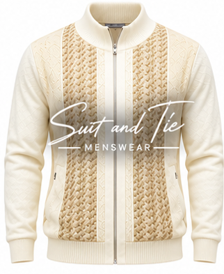 A cream and beige zip-up knit sweater jacket with textured cable-knit panels on the chest and sleeves, shown on a plain white background with a 'Suit and Tie MENSWEAR' watermark overlay.
