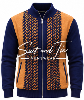 A men's zip-up jacket with navy blue ribbed trim and sleeves, and a central panel of orange and navy textured knit pattern. The brand name 'Suit and Tie' is printed across the chest.