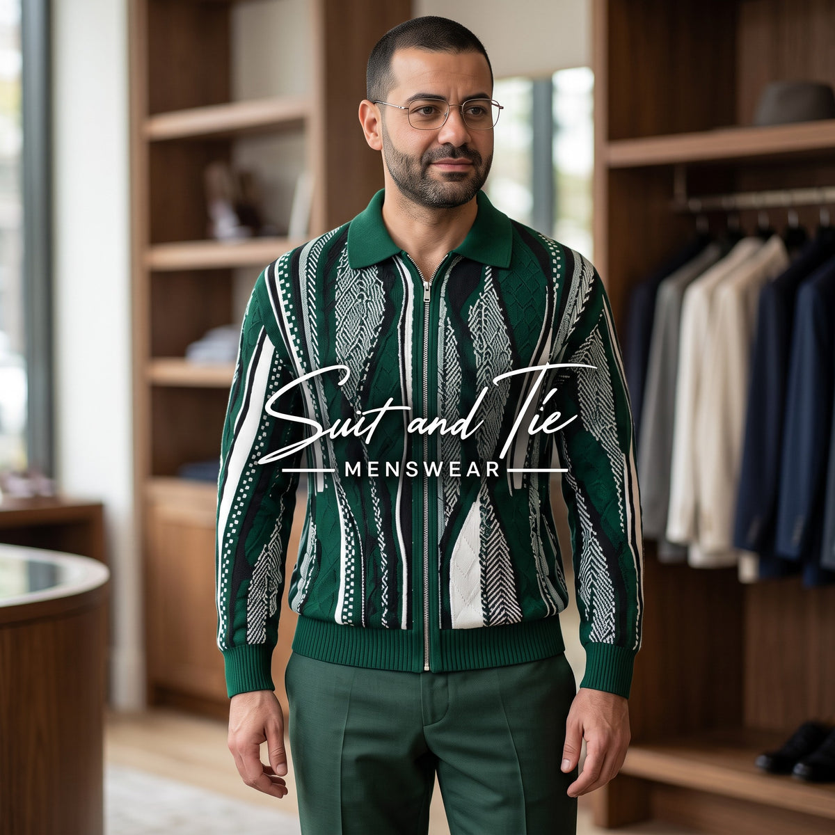 A man wearing a green and white patterned zip-up knit sweater with matching green trousers, standing in a clothing store. A white text overlay reads 'Suit and Tie MENSWEAR' across the center.