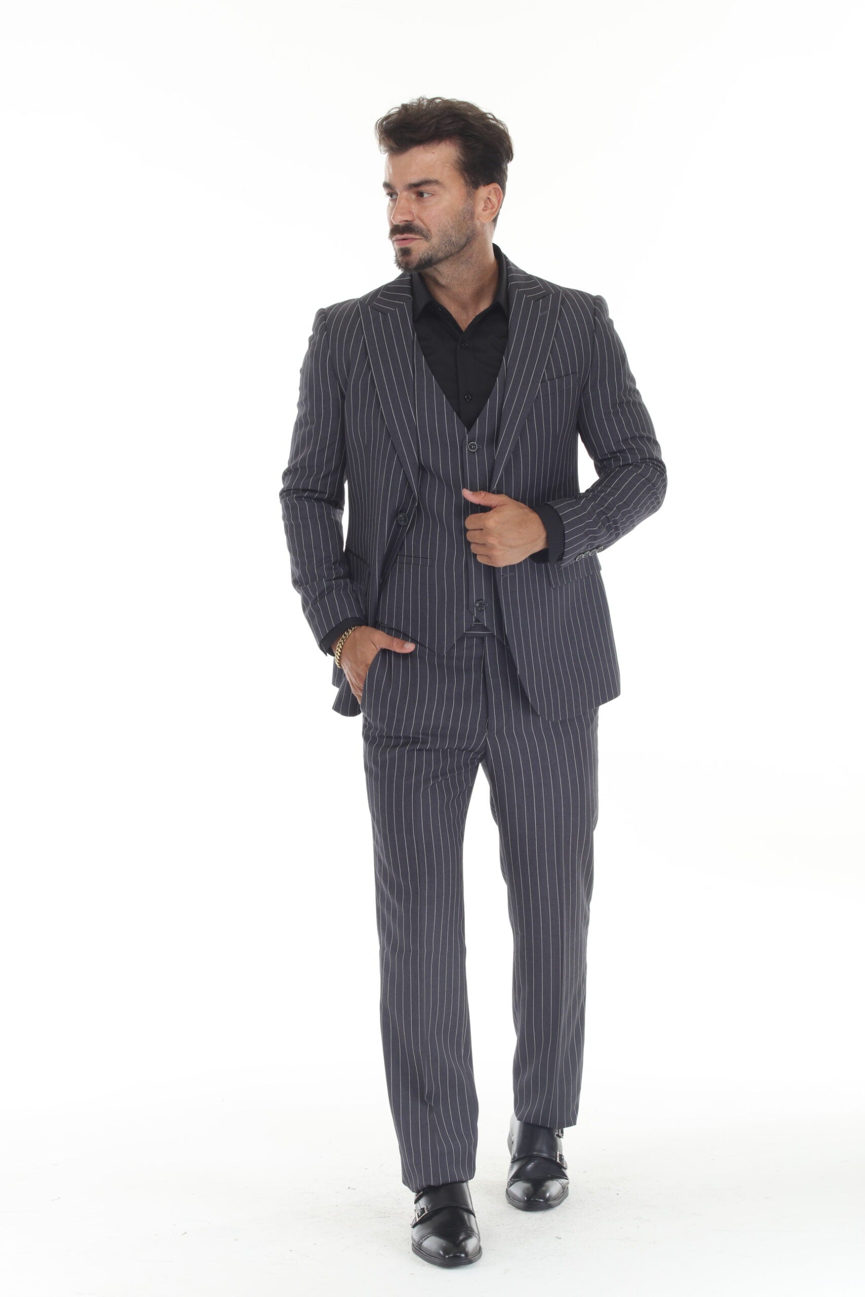 Derman | TEKPIN | Pinstripe 3-Piece Notch Lapel Vested Suit