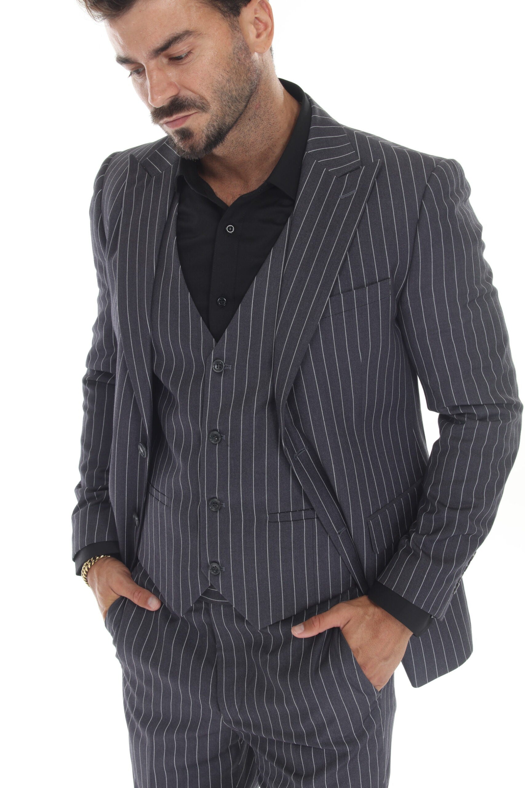 Derman | TEKPIN | Pinstripe 3-Piece Notch Lapel Vested Suit
