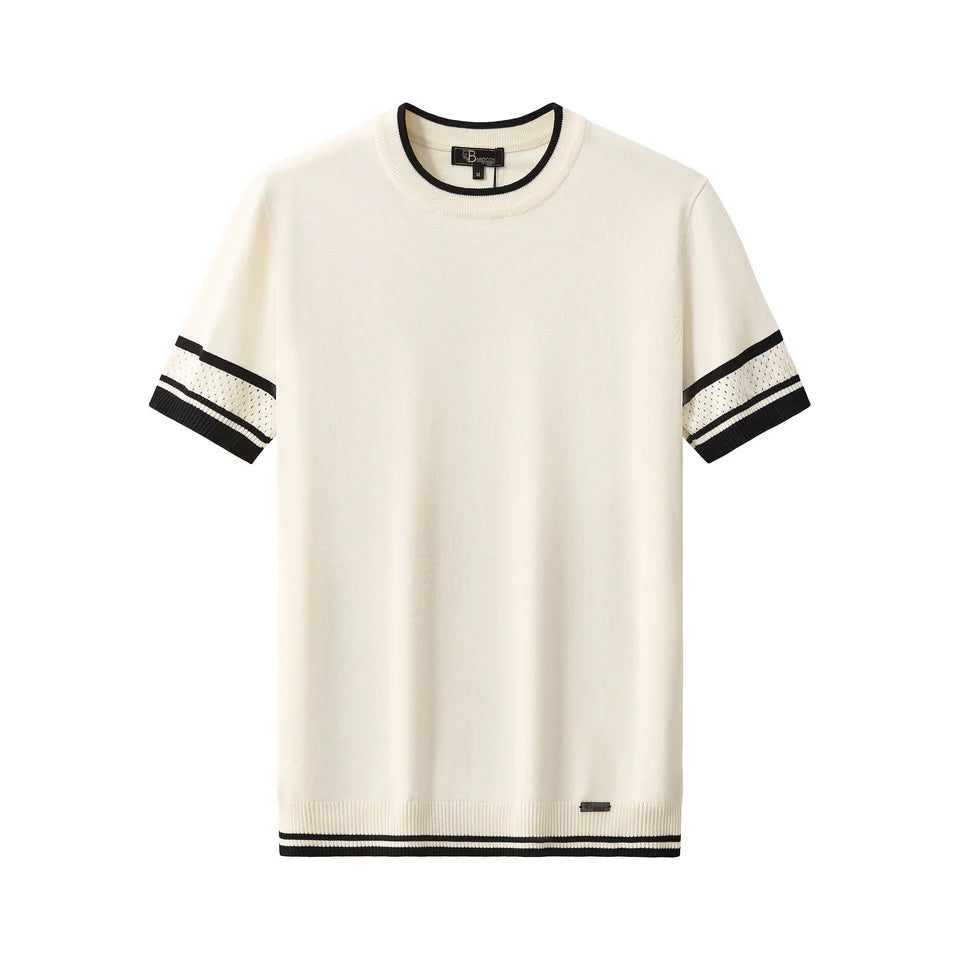 White t-shirt with black stripes on sleeves and hem on a white background